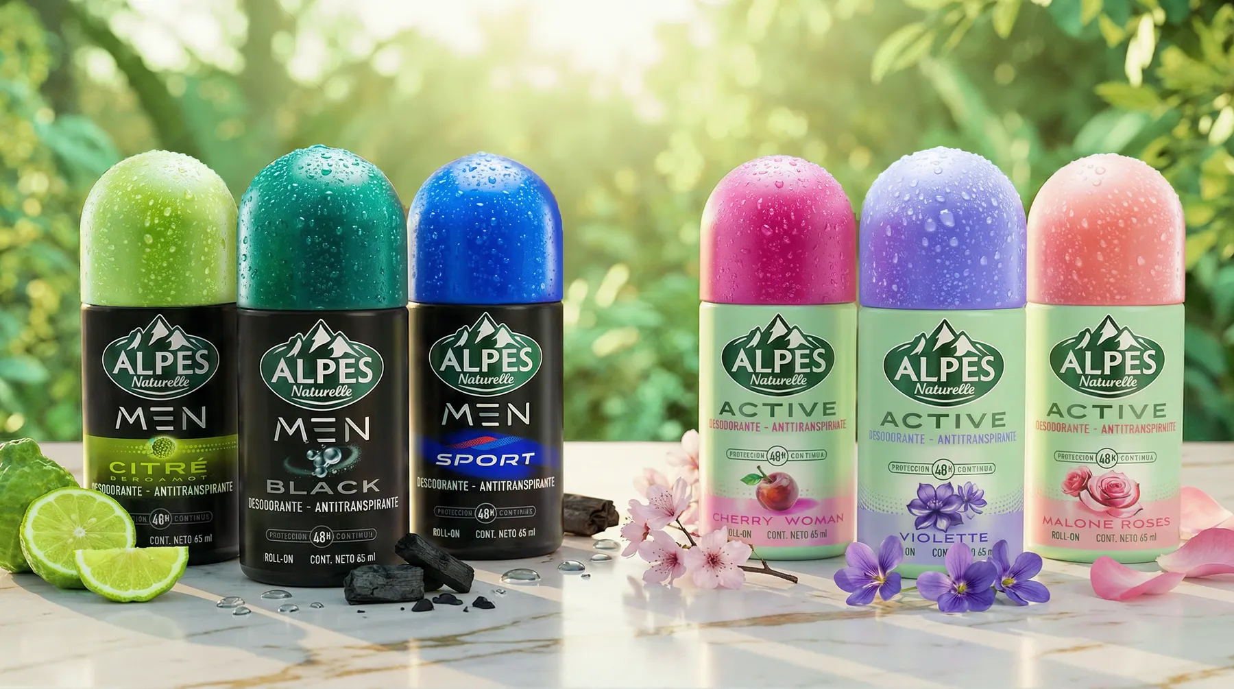 Roll-on Alpes Naturelle MEN y Active sobre mármol con jardín al fondo