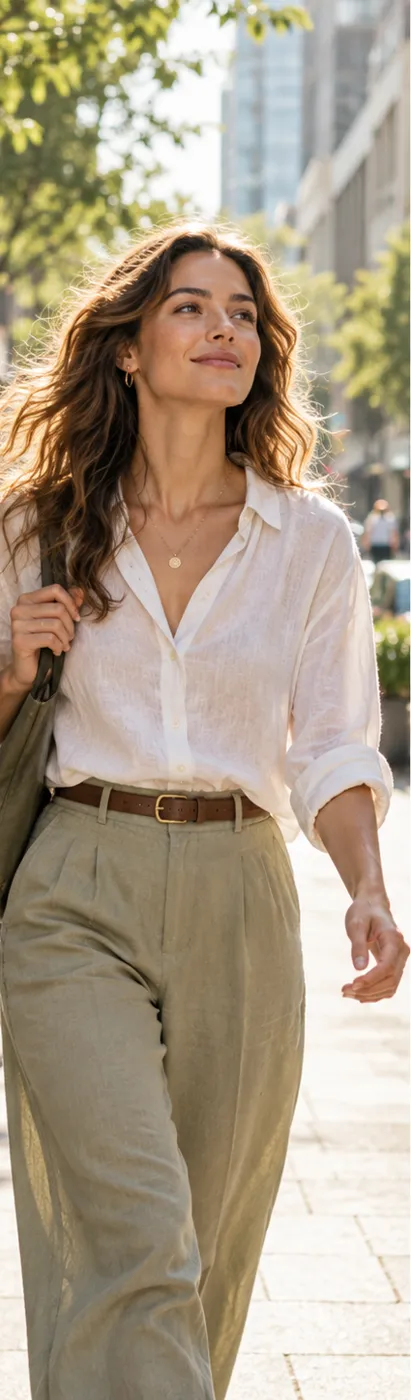 Mujer caminando por la ciudad una mañana soleada