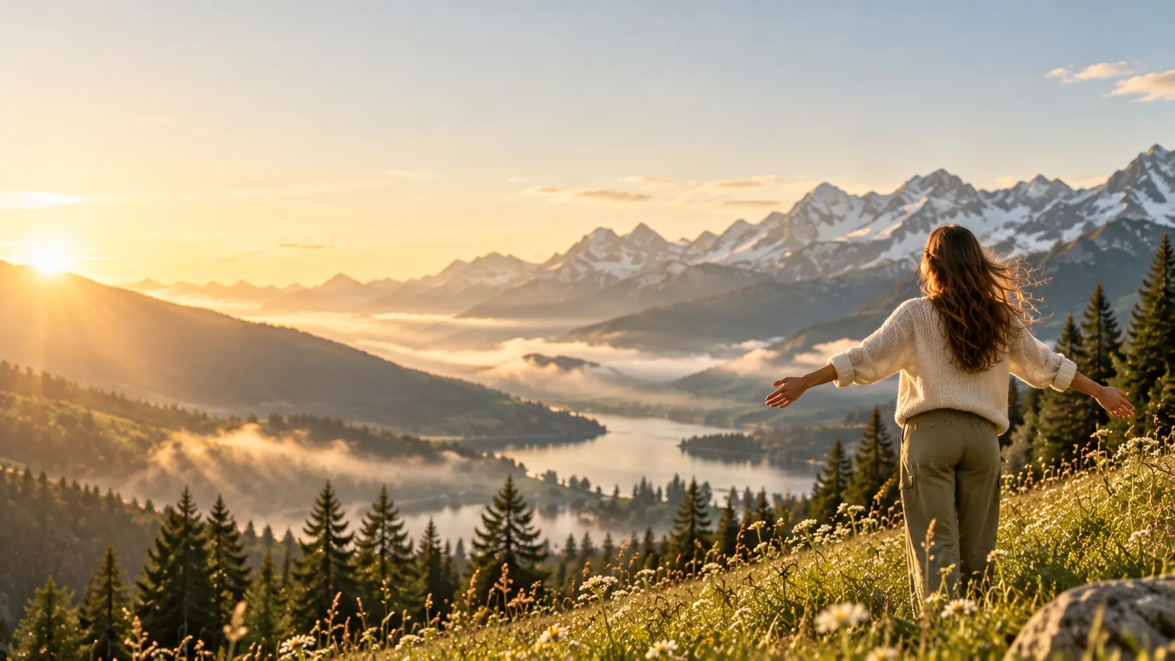 Mujer mirando la cordillera al amanecer
