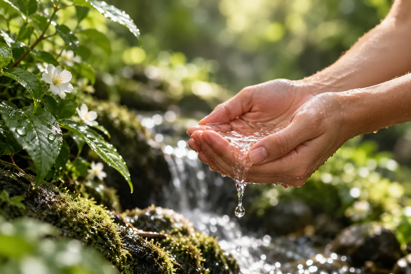 Manos recogiendo agua de un arroyo entre hojas y flores