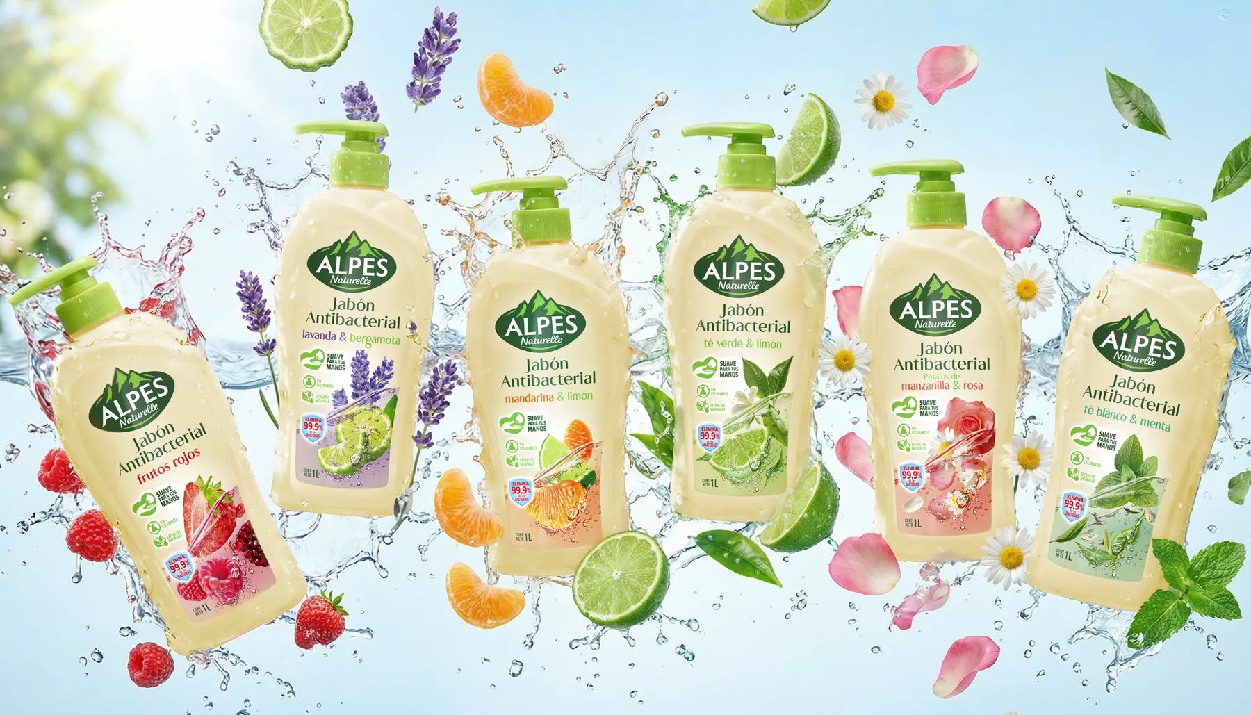 Las seis fragancias del jabón antibacterial Alpes Naturelle entre agua, frutas y flores